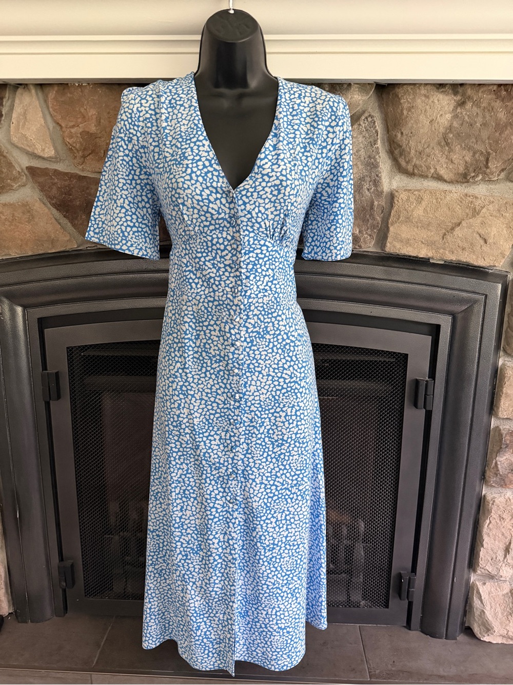 Blue Printed V-Neck Midi Dress